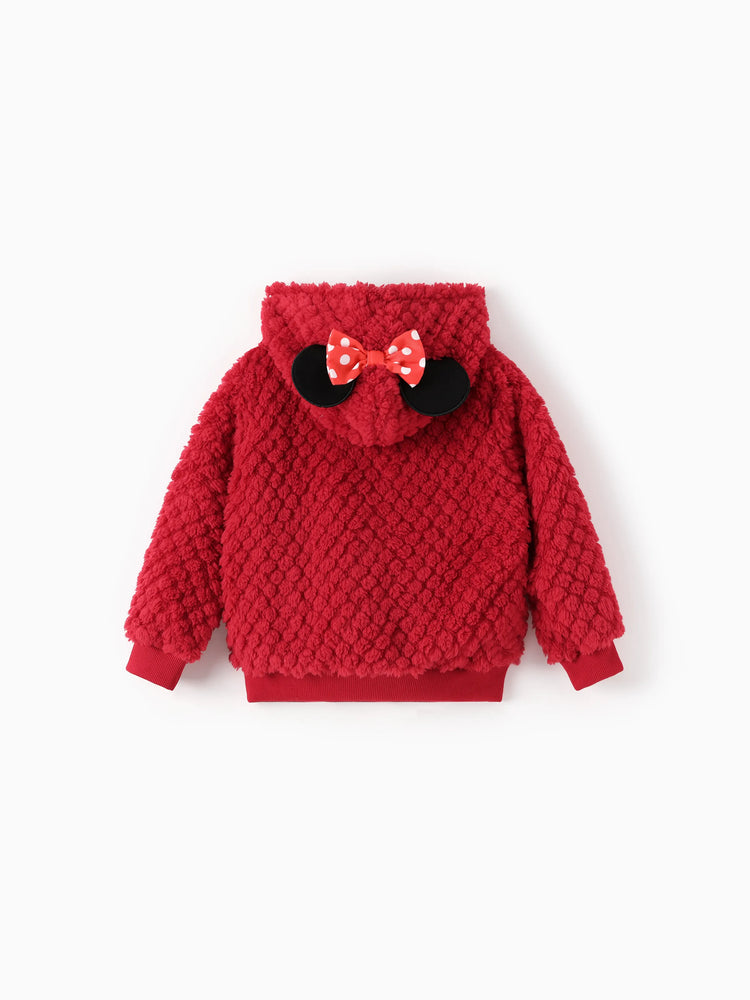 Disney Mickey and Friends Toddler Girl Minnie Mouse Plush Bowknot 3D Ears Hooded Long-sleeve Coat Red