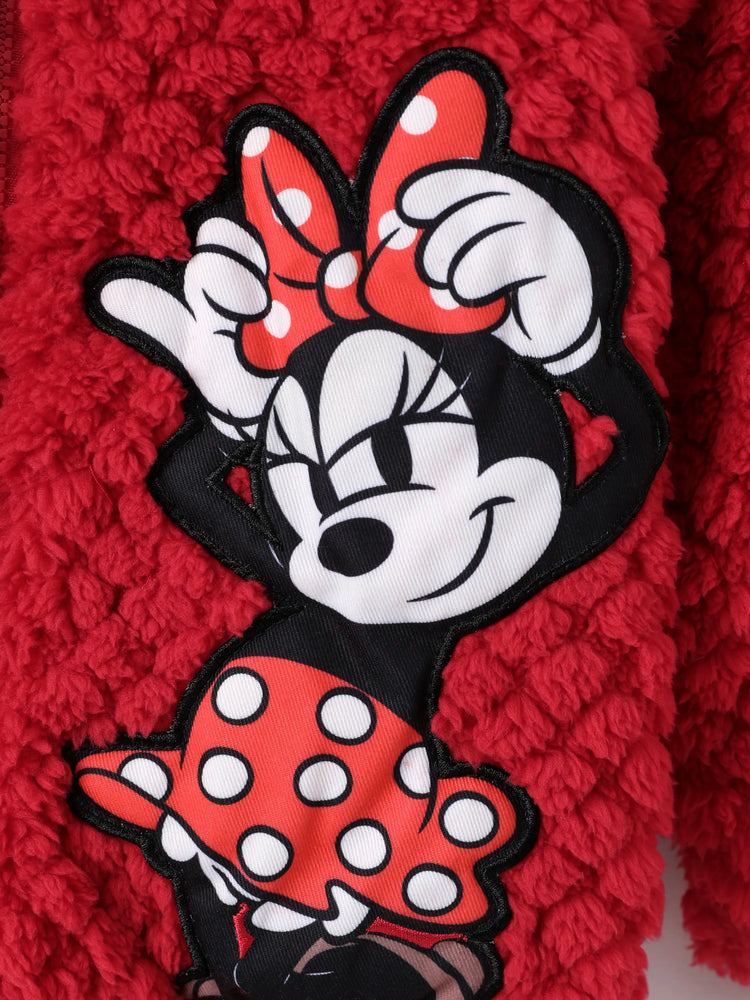 Disney Mickey and Friends Toddler Girl Minnie Mouse Plush Bowknot 3D Ears Hooded Long-sleeve Coat Red