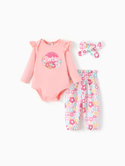 Barbie Baby Girl 2pcs Cotton Flutter Sleeve Romper and Printed Pants Sets Light Pink