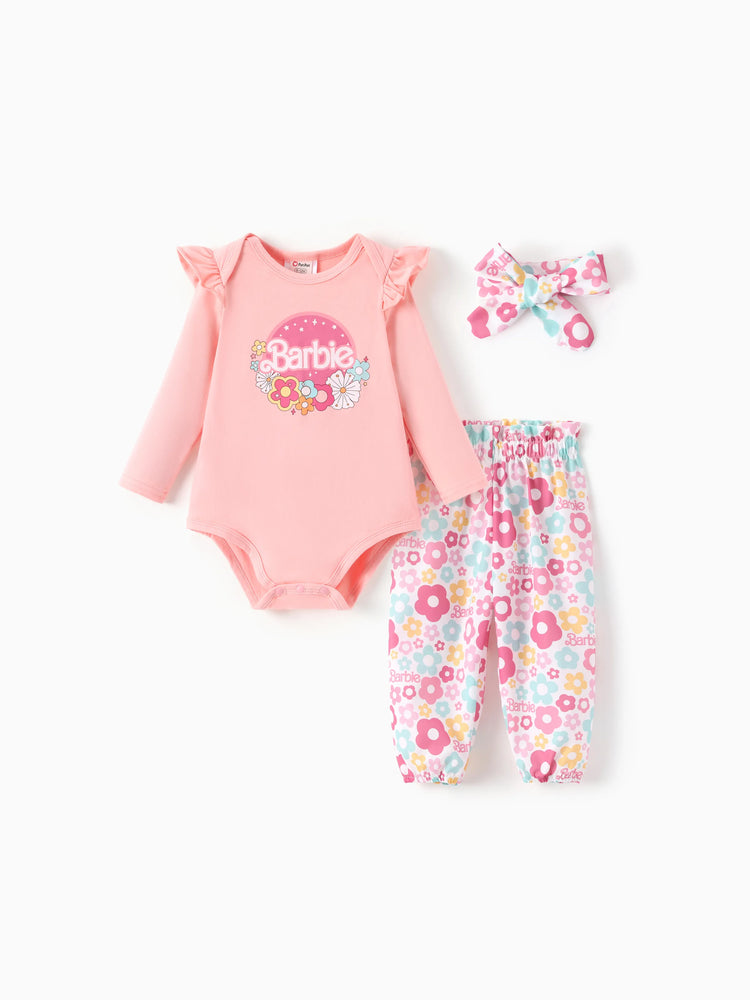 Barbie Baby Girl 2pcs Cotton Flutter Sleeve Romper and Printed Pants Sets Light Pink