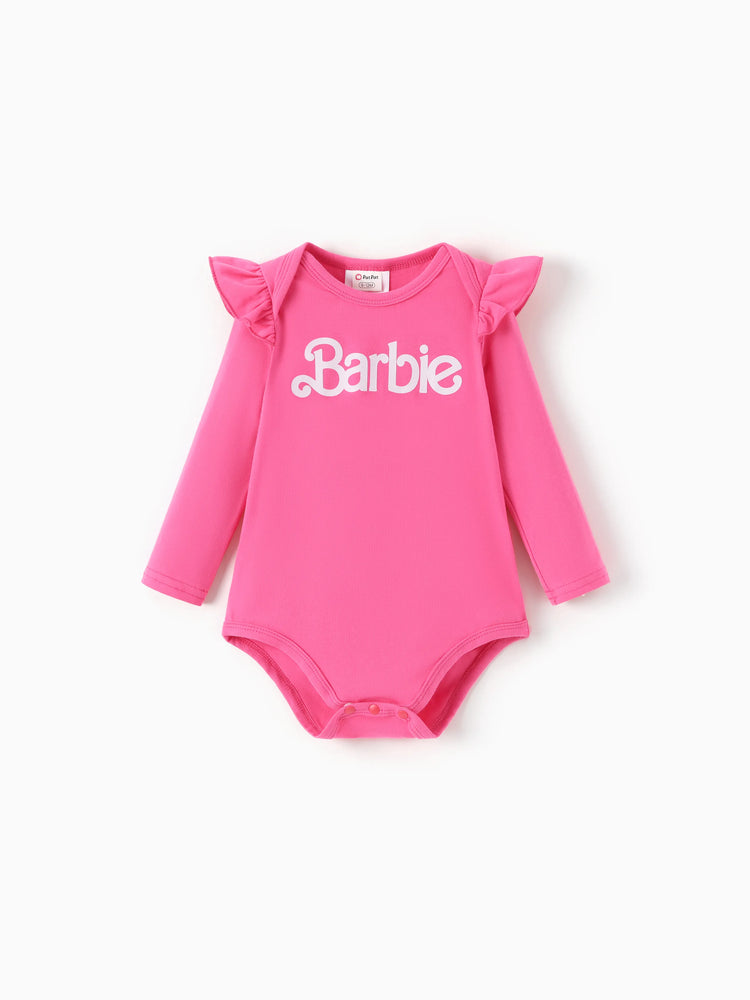 Barbie Baby Girl 2pcs Cotton Flutter Sleeve Romper and Printed Pants Sets Hot Pink