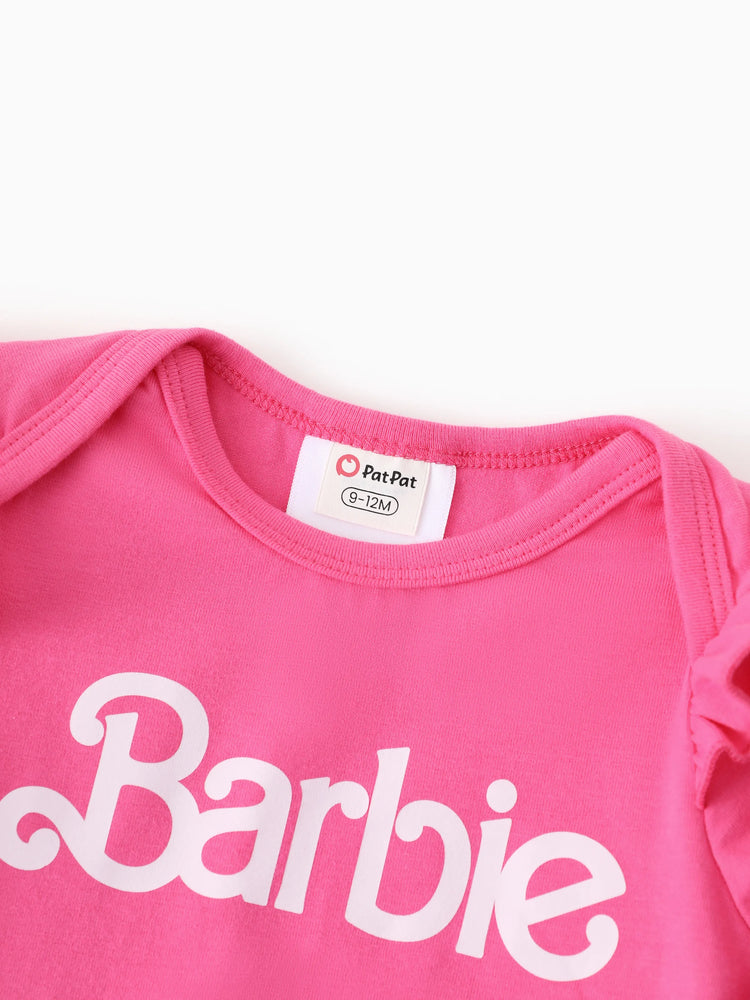 Barbie Baby Girl 2pcs Cotton Flutter Sleeve Romper and Printed Pants Sets Hot Pink