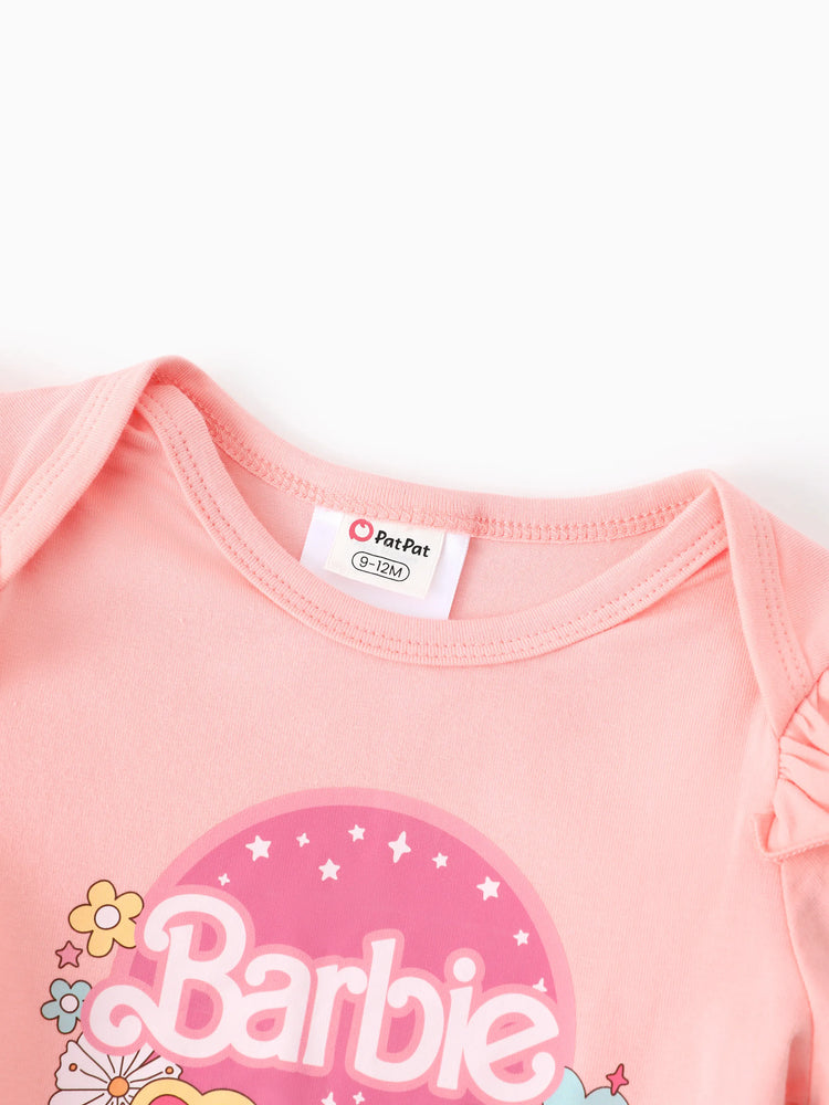 Barbie Baby Girl 2pcs Cotton Flutter Sleeve Romper and Printed Pants Sets Light Pink