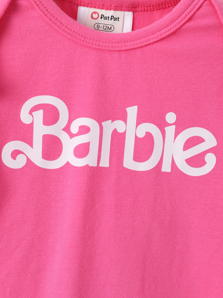 Barbie Baby Girl 2pcs Cotton Flutter Sleeve Romper and Printed Pants Sets Hot Pink