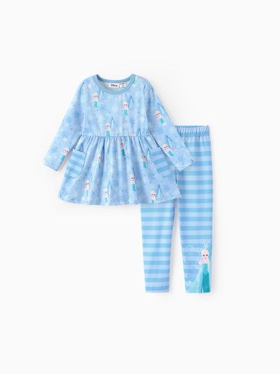 Disney Frozen Toddler Girl Elsa 2pcs Stripe Ruffle Top and Leggings Set Blue