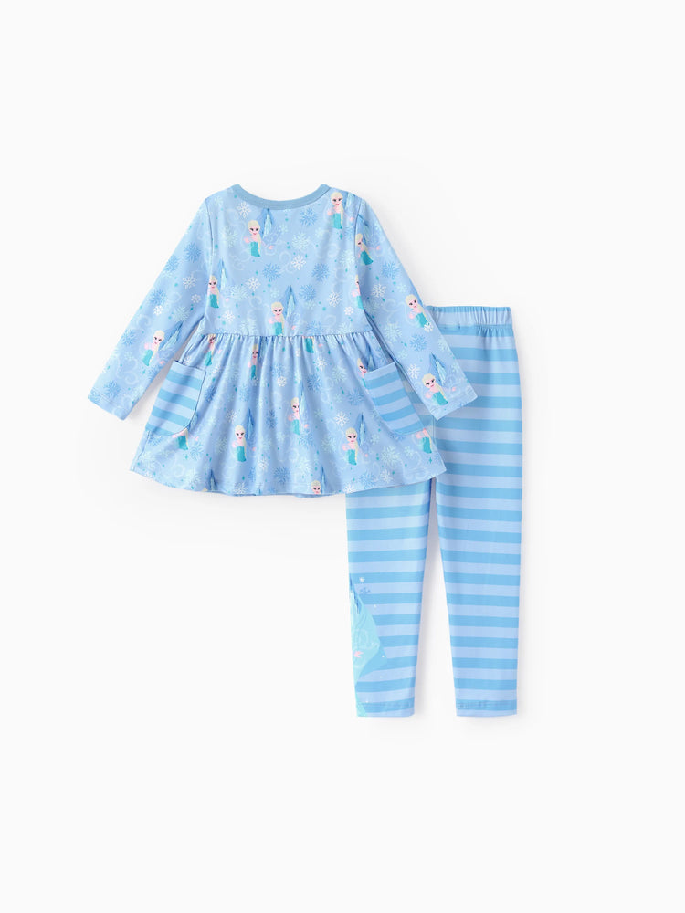 Ensemble 2 pièces haut à volants et leggings à rayures Elsa pour petite fille Disney La Reine des Neiges, bleu