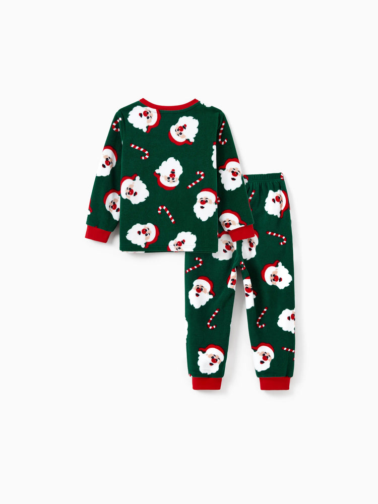Ensemble de pyjama familial assorti de Noël en polaire, imprimé Père Noël et canne à sucre, avec chaussettes de Noël, vert foncé