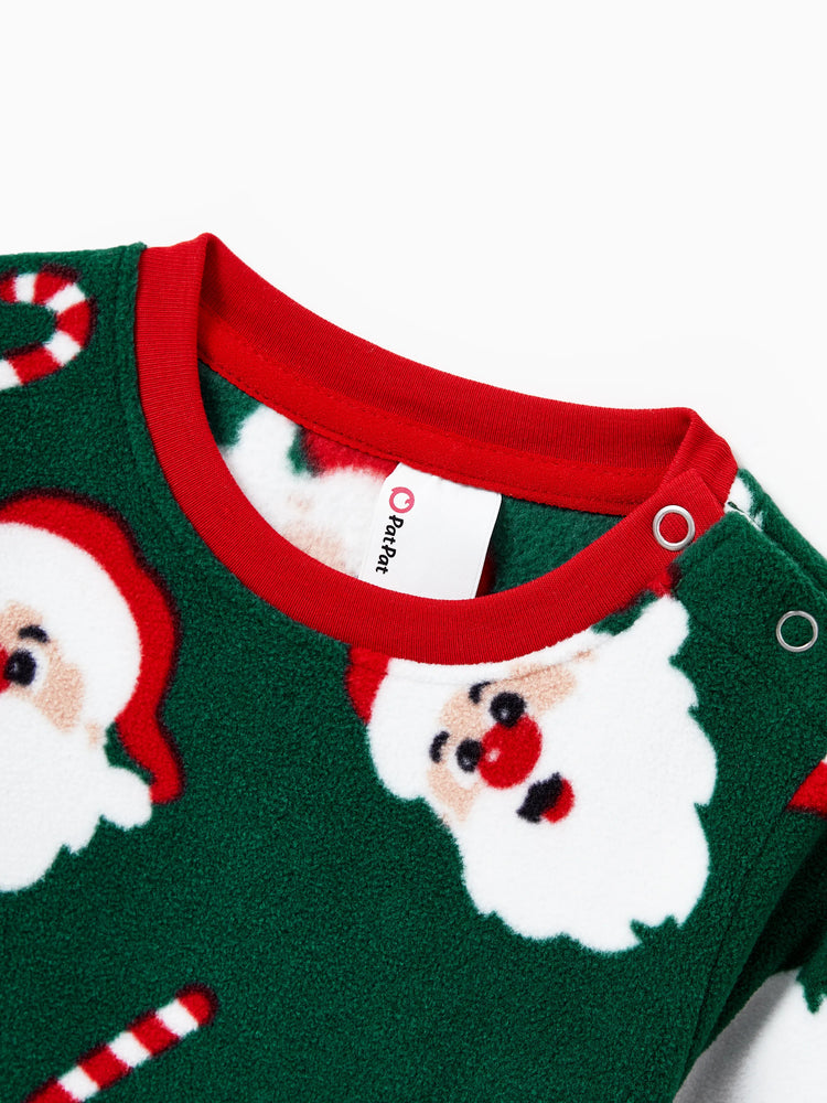 Ensemble de pyjama familial assorti de Noël en polaire, imprimé Père Noël et canne à sucre, avec chaussettes de Noël, vert foncé