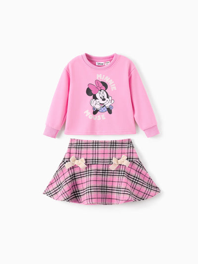 Ensemble 2 pièces Disney Mickey et ses amis pour petite fille, imprimé à carreaux Minnie Mouse avec jupe à nœuds, rose
