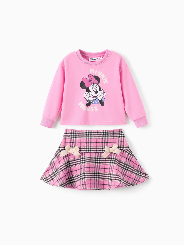 Ensemble 2 pièces Disney Mickey et ses amis pour petite fille, imprimé à carreaux Minnie Mouse avec jupe à nœuds, rose