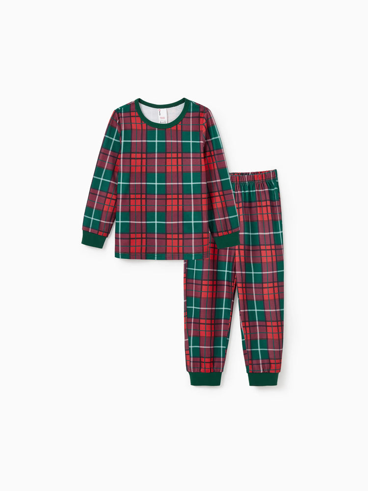 Christmas Matching Family Pajamas Set Allover Red and Green Grid Print Long-sleeve PJS with Christmas Socks Dark Green