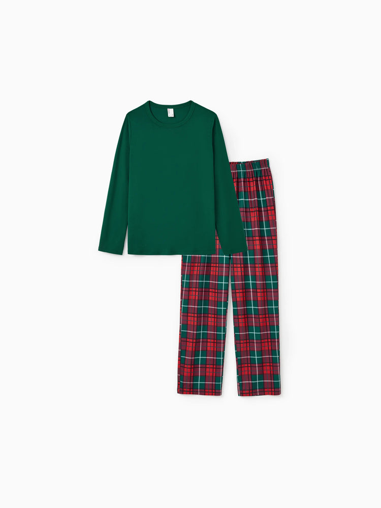 Christmas Matching Family Pajamas Set Allover Red and Green Grid Print Long-sleeve PJS with Christmas Socks Dark Green