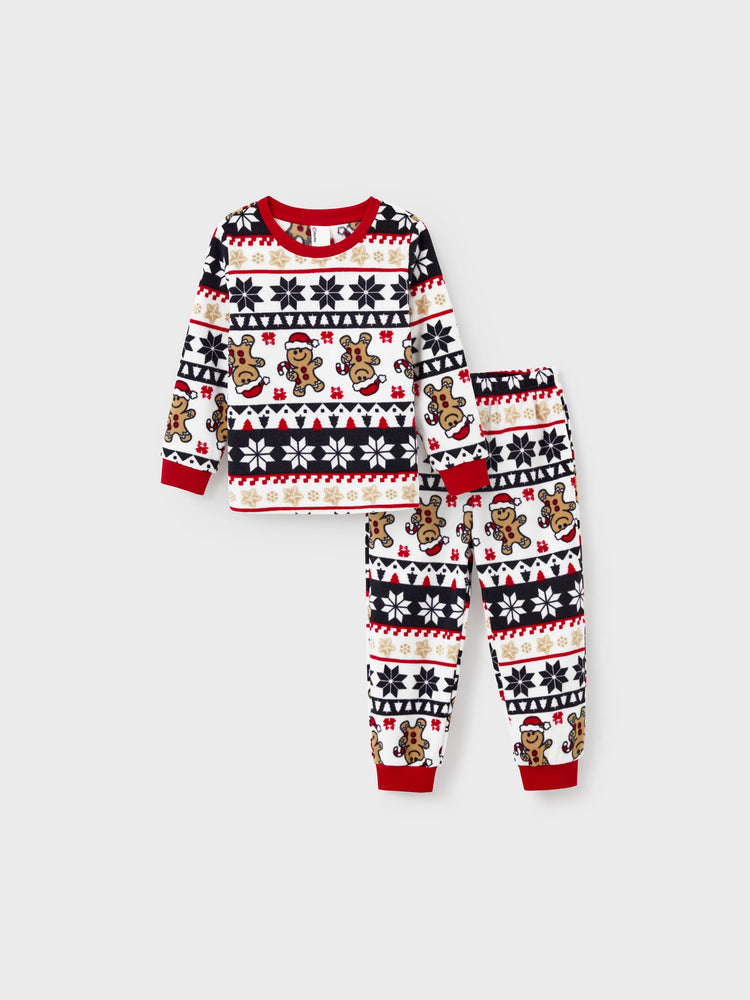 Ensemble pyjama de Noël assorti en polaire pour toute la famille, imprimé pain d'épices et flocons de neige, avec chaussettes de Noël rouges
