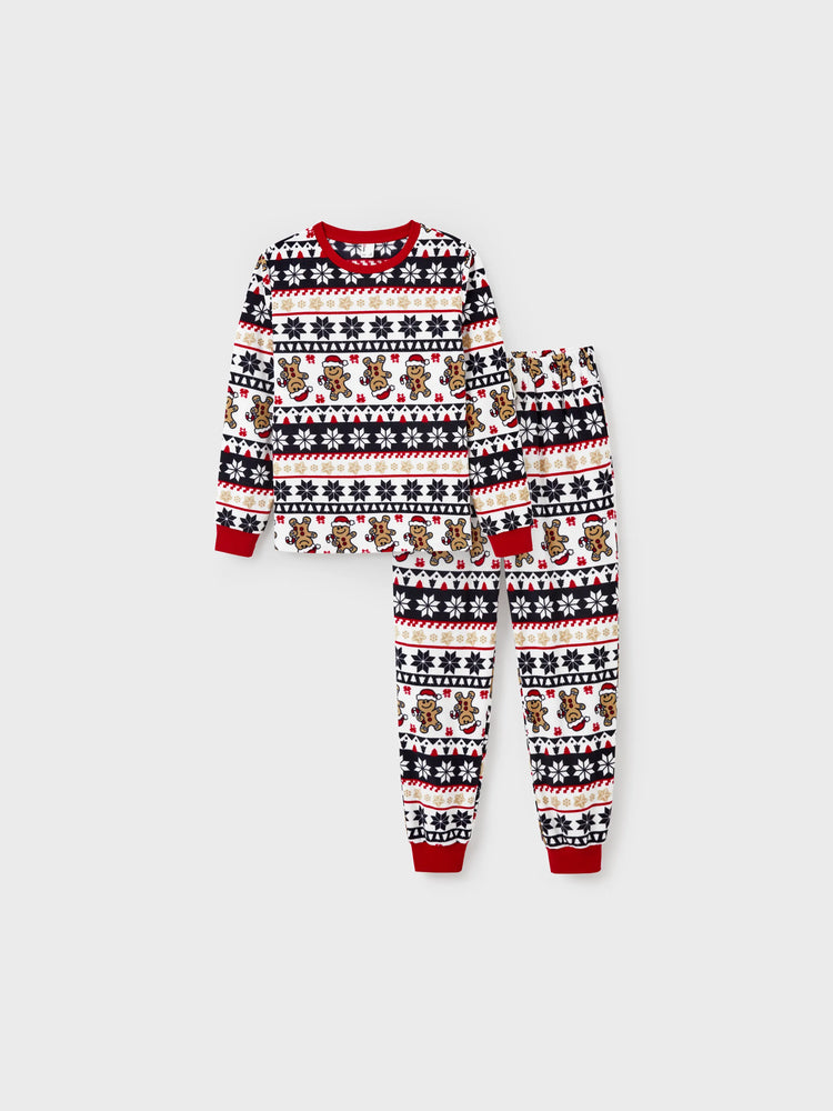 Ensemble pyjama de Noël assorti en polaire pour toute la famille, imprimé pain d'épices et flocons de neige, avec chaussettes de Noël rouges