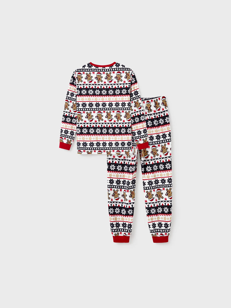 Ensemble pyjama de Noël assorti en polaire pour toute la famille, imprimé pain d'épices et flocons de neige, avec chaussettes de Noël rouges