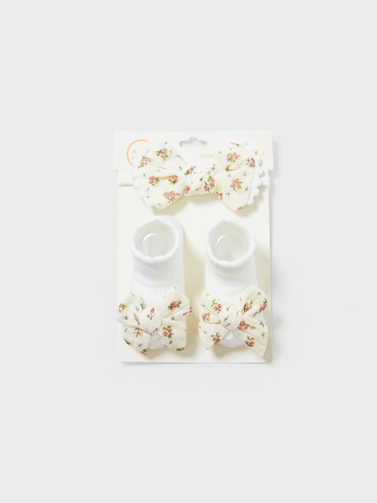 Lot de 2 ensembles bandeau et chaussettes à fleurs pour bébé fille beige
