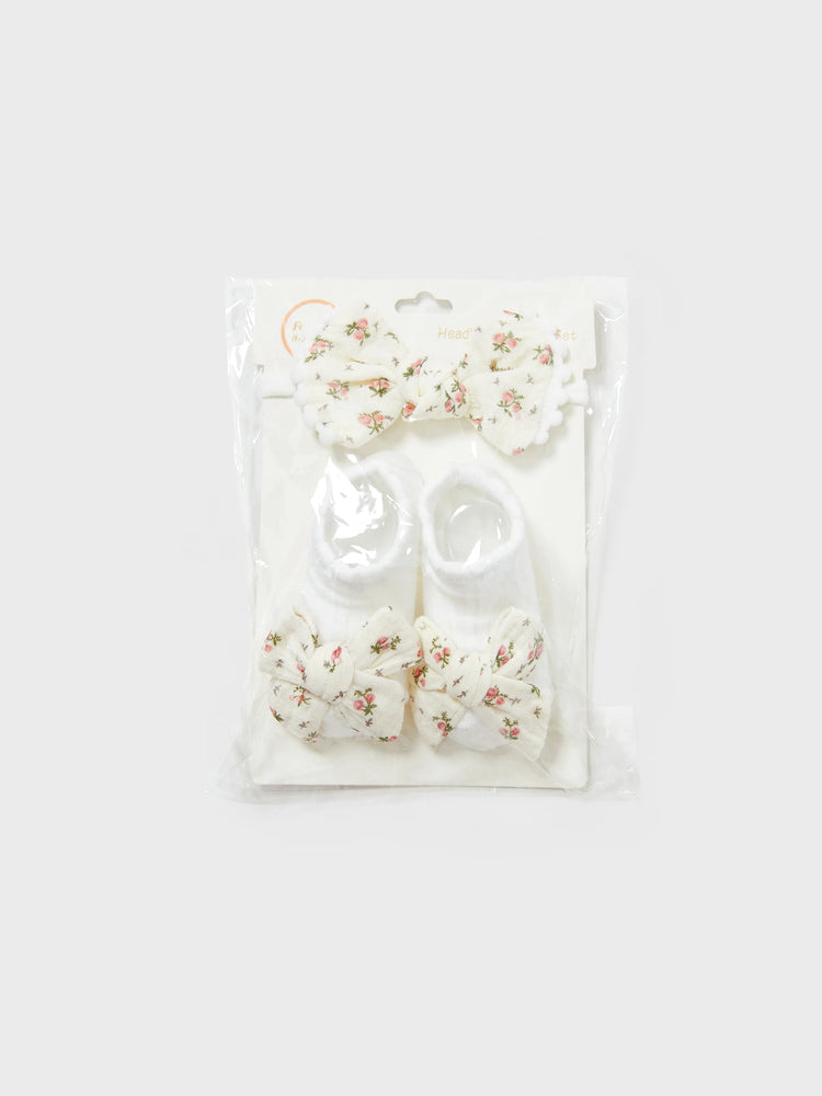 Lot de 2 ensembles bandeau et chaussettes à fleurs pour bébé fille beige