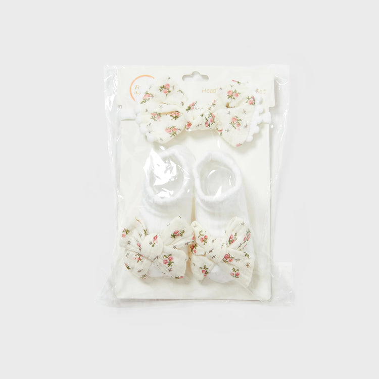 Lot de 2 ensembles bandeau et chaussettes à fleurs pour bébé fille beige