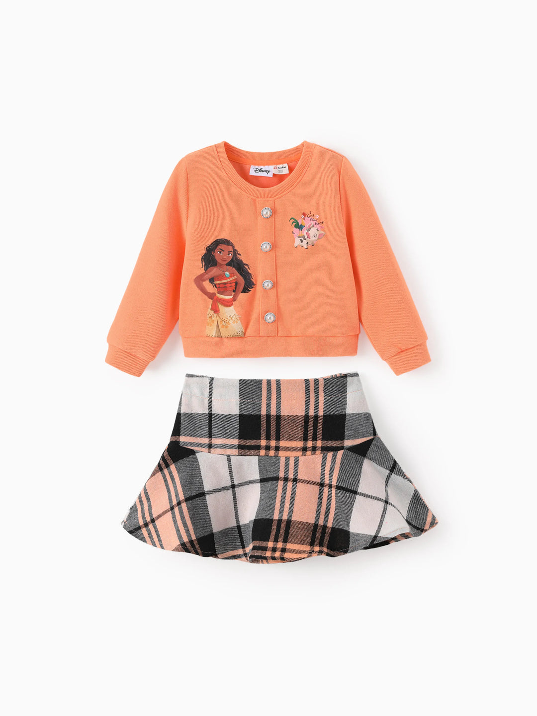 Ensemble Disney Princess Moana pour petite fille, composé d'un haut tricoté et d'une jupe à carreaux orange et rouge.