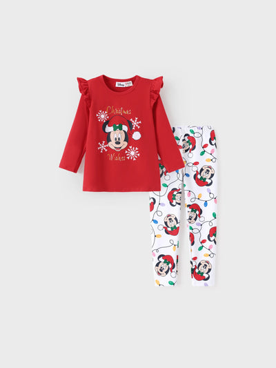 Disney Mickey and Friends Christmas Baby/Toddler Girl 2pcs Mickey Flutter Sleeve Top and Leggings Sets Red