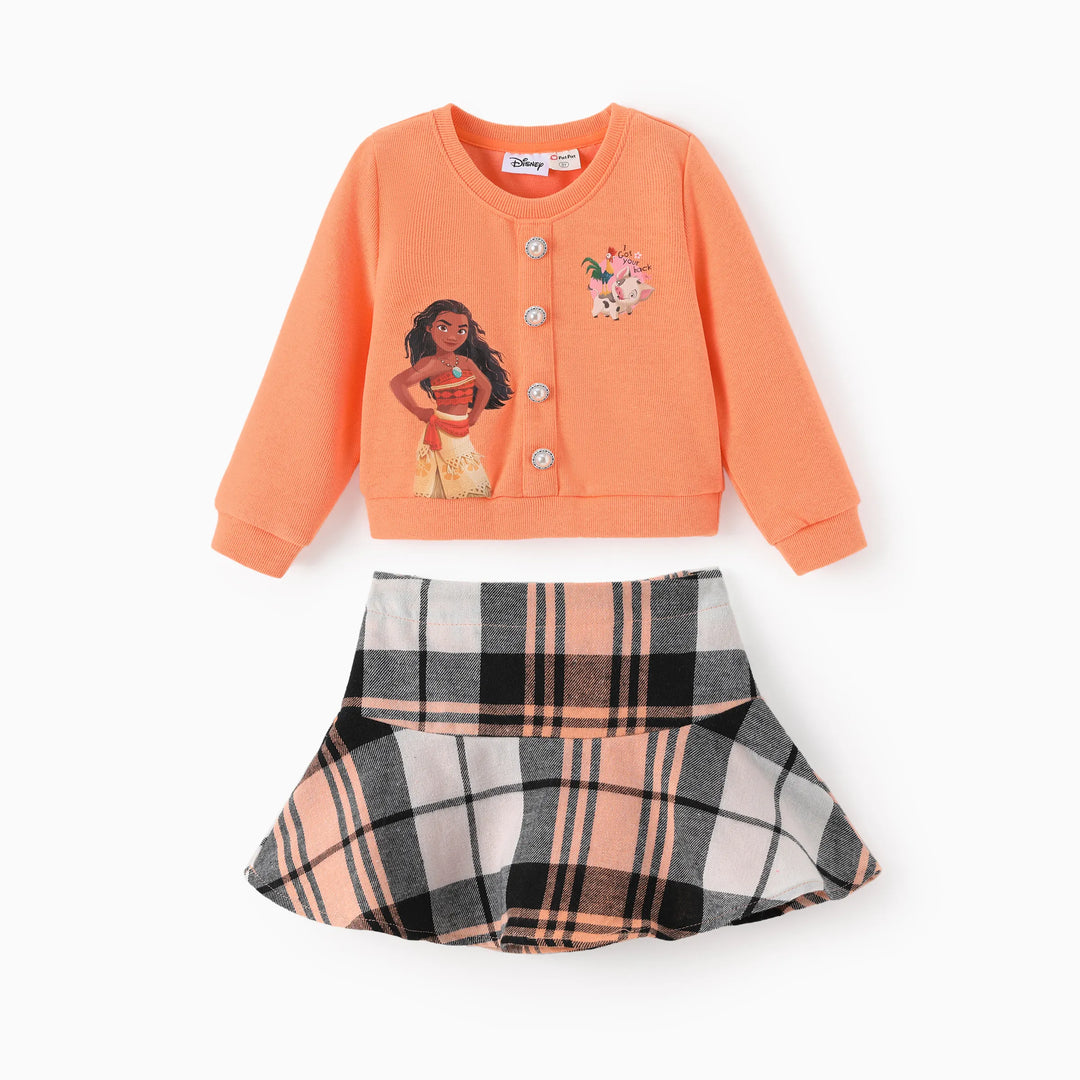 Ensemble Disney Princess Moana pour petite fille, composé d'un haut tricoté et d'une jupe à carreaux orange et rouge.