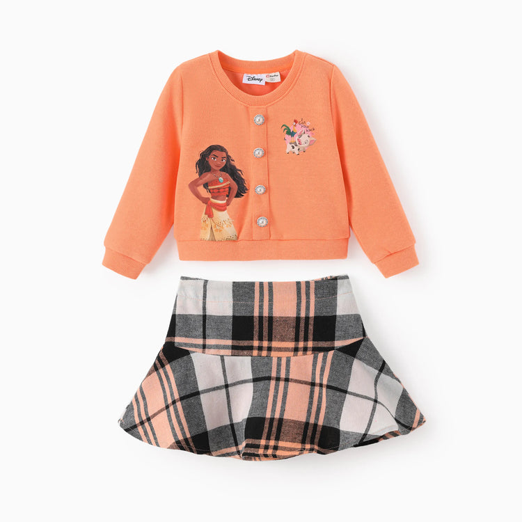Disney Princess Toddler Girl Moana 2pcs Knitted Top and Plaid Skirt Set Orange red