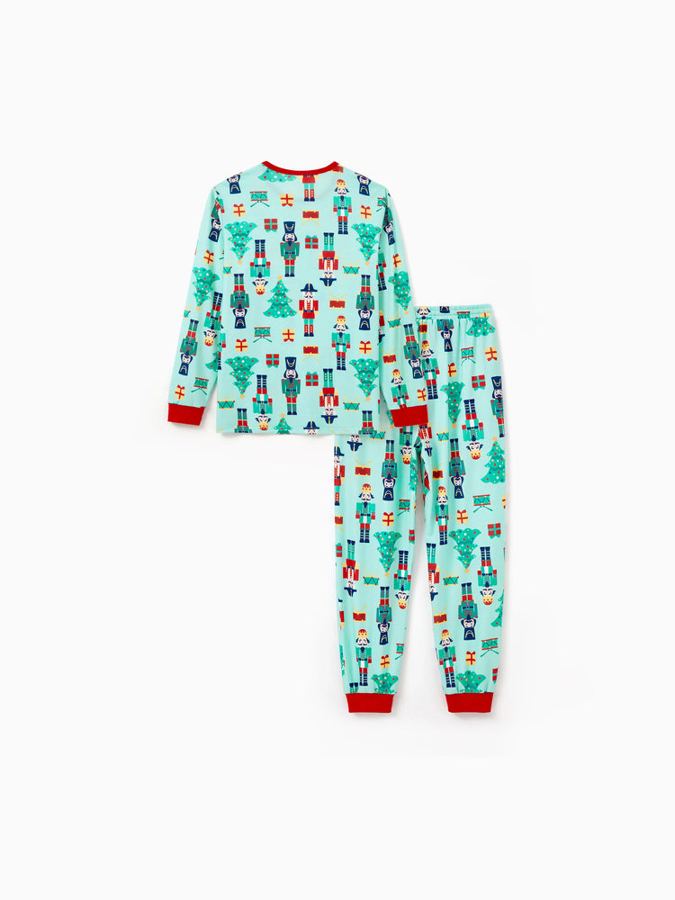 Christmas Matching Family Pajamas Set Soldier and Christmas Tree Print PJS with Christmas Socks Pale Green