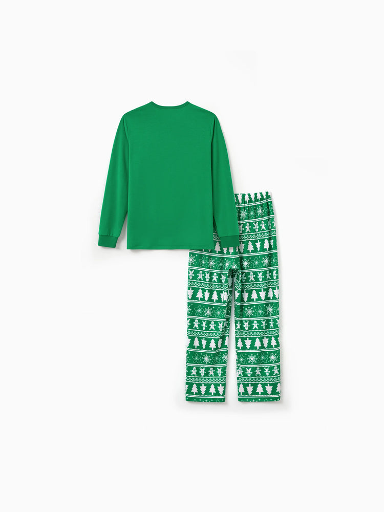 Christmas Matching Family Pajamas Set Gingerbread Man and Snowflake Pattern Long-sleeve Green PJS with Christmas Socks Dark Green