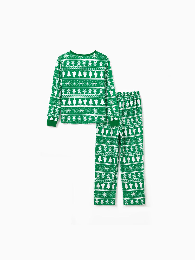 Christmas Matching Family Pajamas Set Gingerbread Man and Snowflake Pattern Long-sleeve Green PJS with Christmas Socks Dark Green