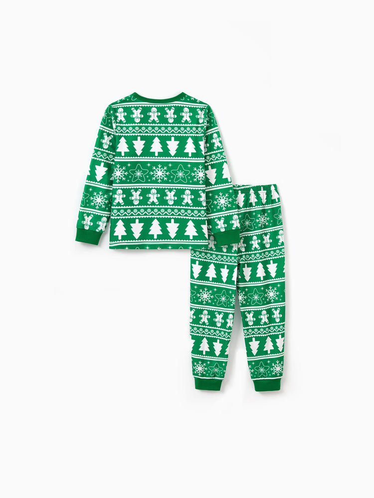 Christmas Matching Family Pajamas Set Gingerbread Man and Snowflake Pattern Long-sleeve Green PJS with Christmas Socks Dark Green