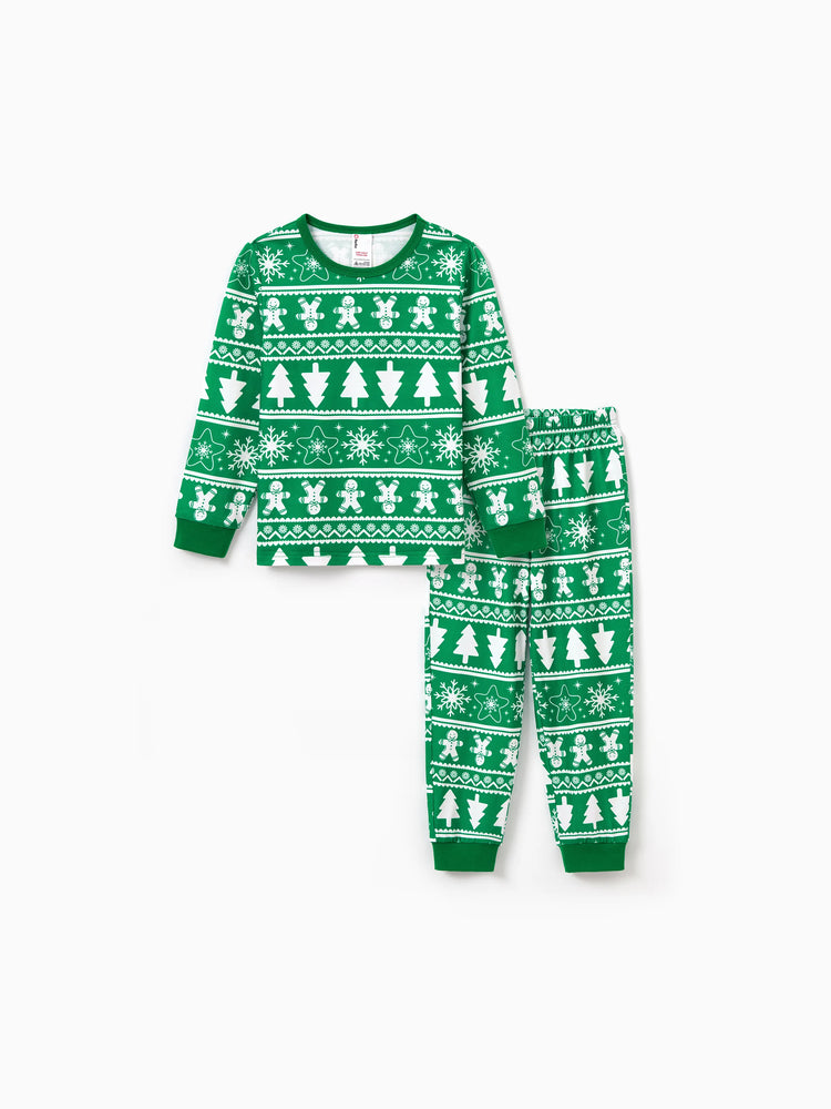 Christmas Matching Family Pajamas Set Gingerbread Man and Snowflake Pattern Long-sleeve Green PJS with Christmas Socks Dark Green