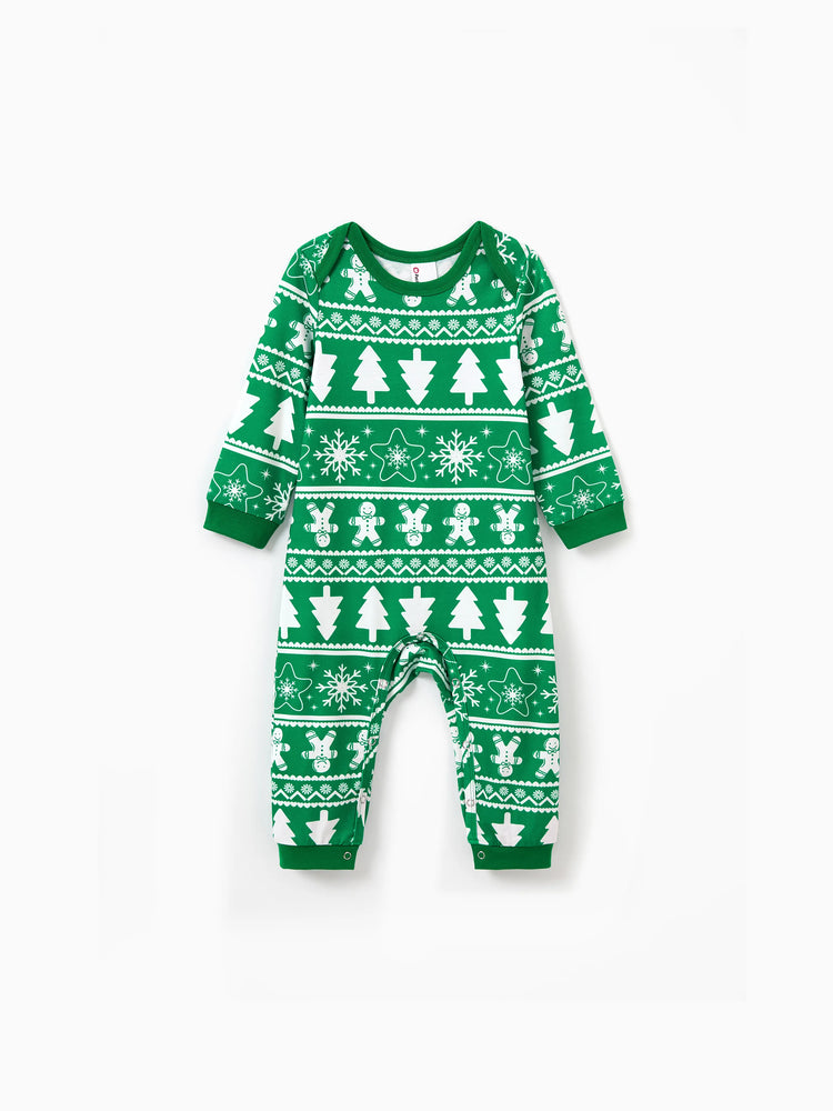 Christmas Matching Family Pajamas Set Gingerbread Man and Snowflake Pattern Long-sleeve Green PJS with Christmas Socks Dark Green