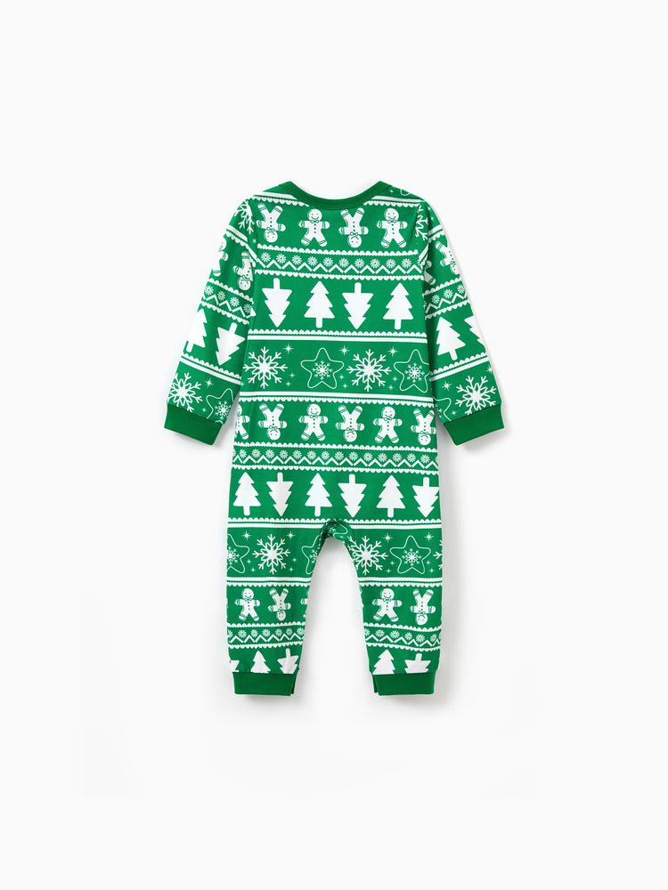 Christmas Matching Family Pajamas Set Gingerbread Man and Snowflake Pattern Long-sleeve Green PJS with Christmas Socks Dark Green