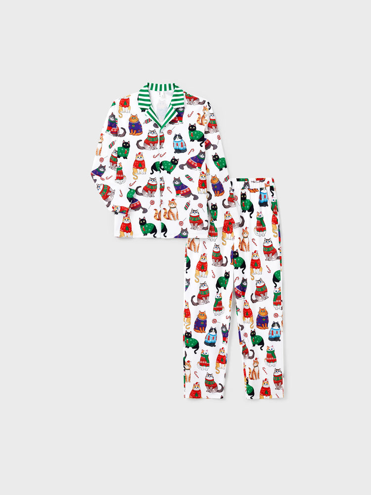 Christmas Matching Family Pajamas Set Christmas Cat Print PJS with Christmas Socks Multi-color