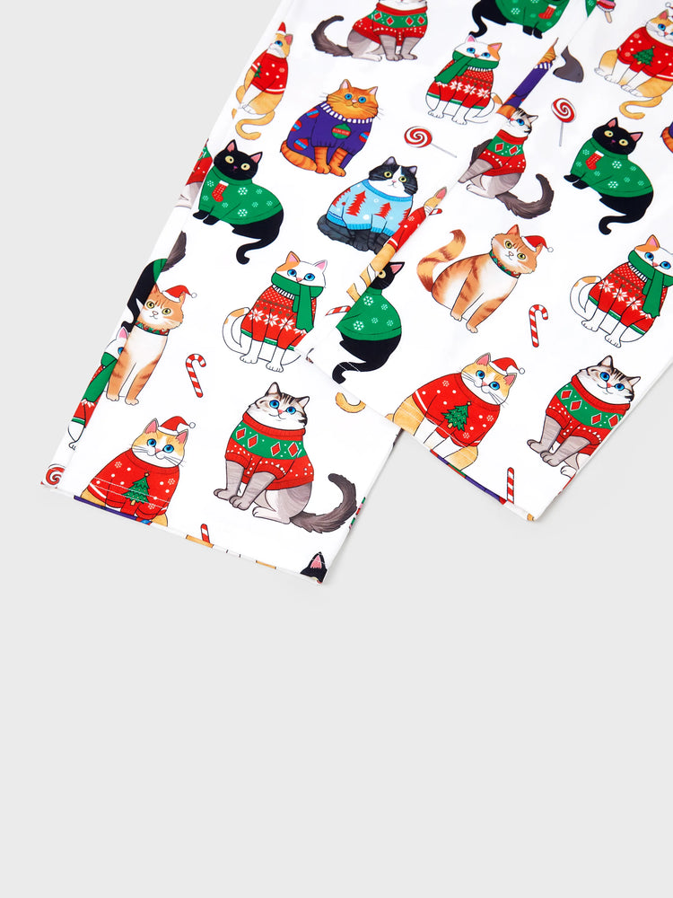 Christmas Matching Family Pajamas Set Christmas Cat Print PJS with Christmas Socks Multi-color