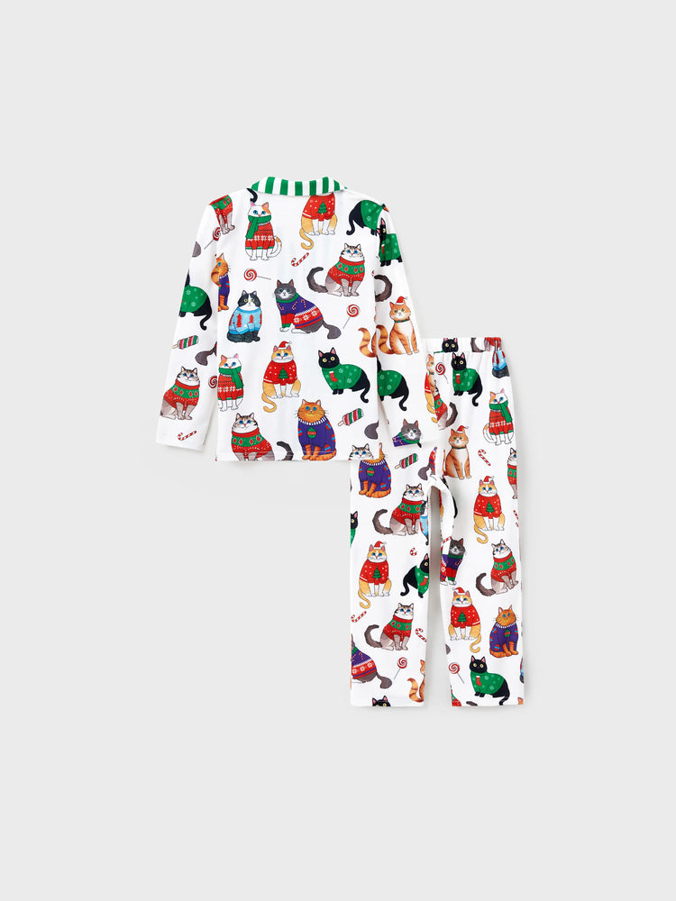 Christmas Matching Family Pajamas Set Christmas Cat Print PJS with Christmas Socks Multi-color