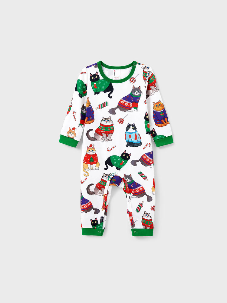 Christmas Matching Family Pajamas Set Christmas Cat Print PJS with Christmas Socks Multi-color