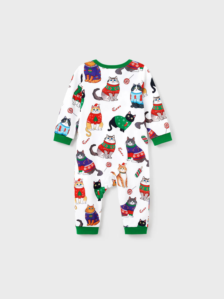 Christmas Matching Family Pajamas Set Christmas Cat Print PJS with Christmas Socks Multi-color
