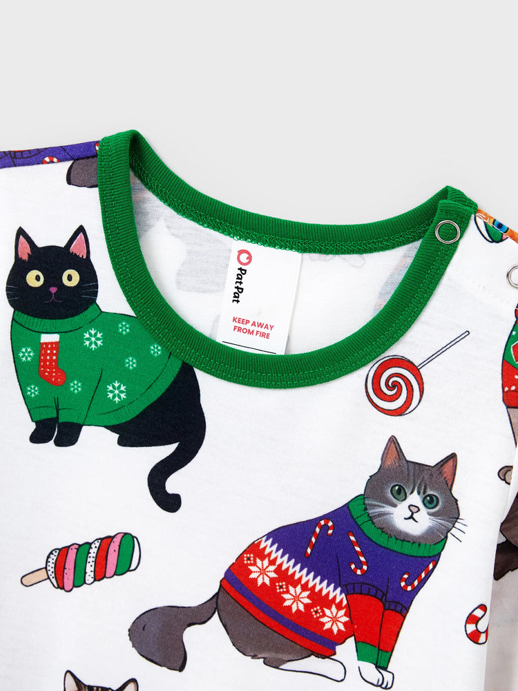 Christmas Matching Family Pajamas Set Christmas Cat Print PJS with Christmas Socks Multi-color