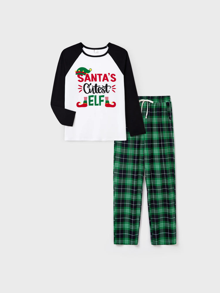 Weihnachts-Passendes Familienpyjama-Set SANTA'S Cutiest ELF Letterprint Langärmeliger grüner Gitterpyjamas mit Weihnachtssocken grün