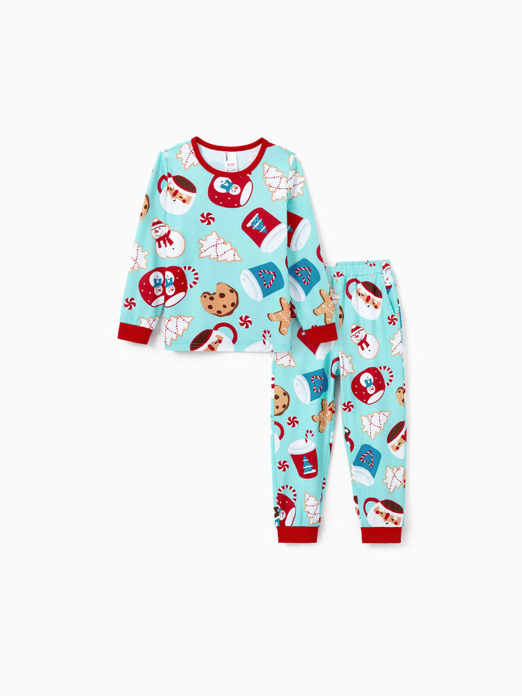 Ensemble pyjama de Noël assorti pour toute la famille, imprimé pain d'épices bleu et rouge, avec chaussettes de Noël bleu clair