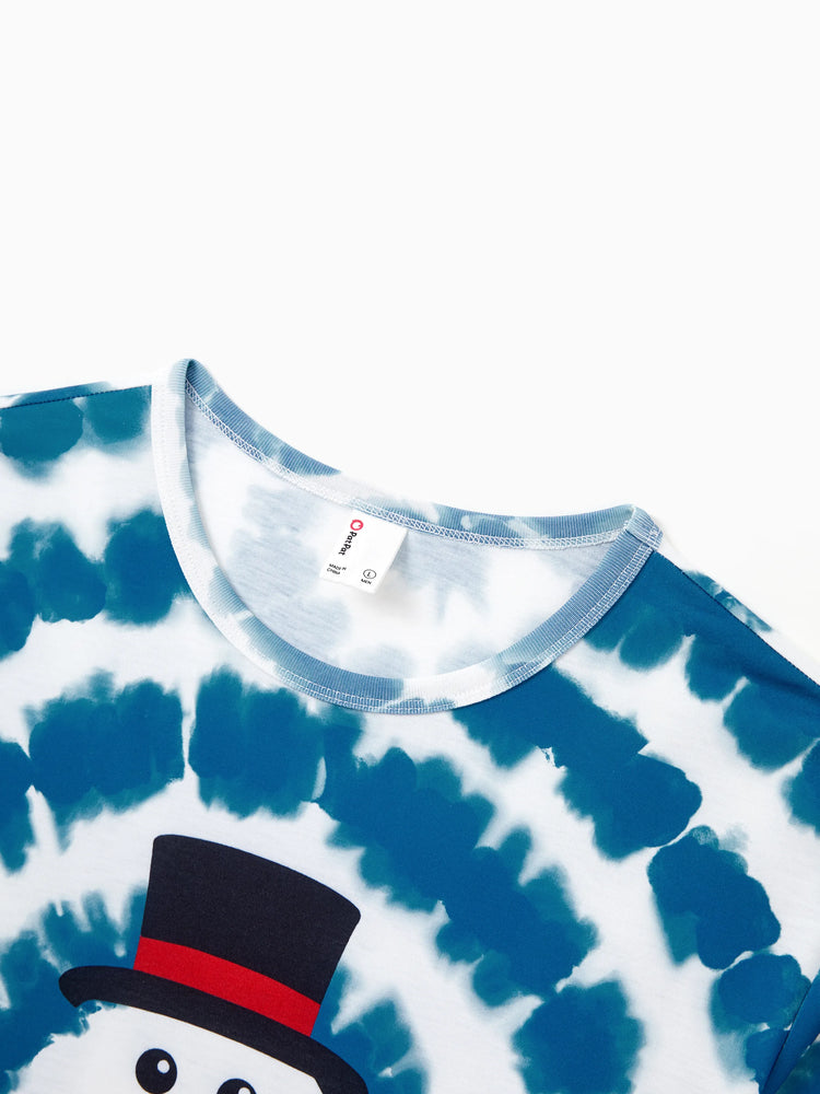 Christmas Matching Family Pajamas Set Tie-dye Snowman Print Blue PJS with Christmas Socks Deep Blue