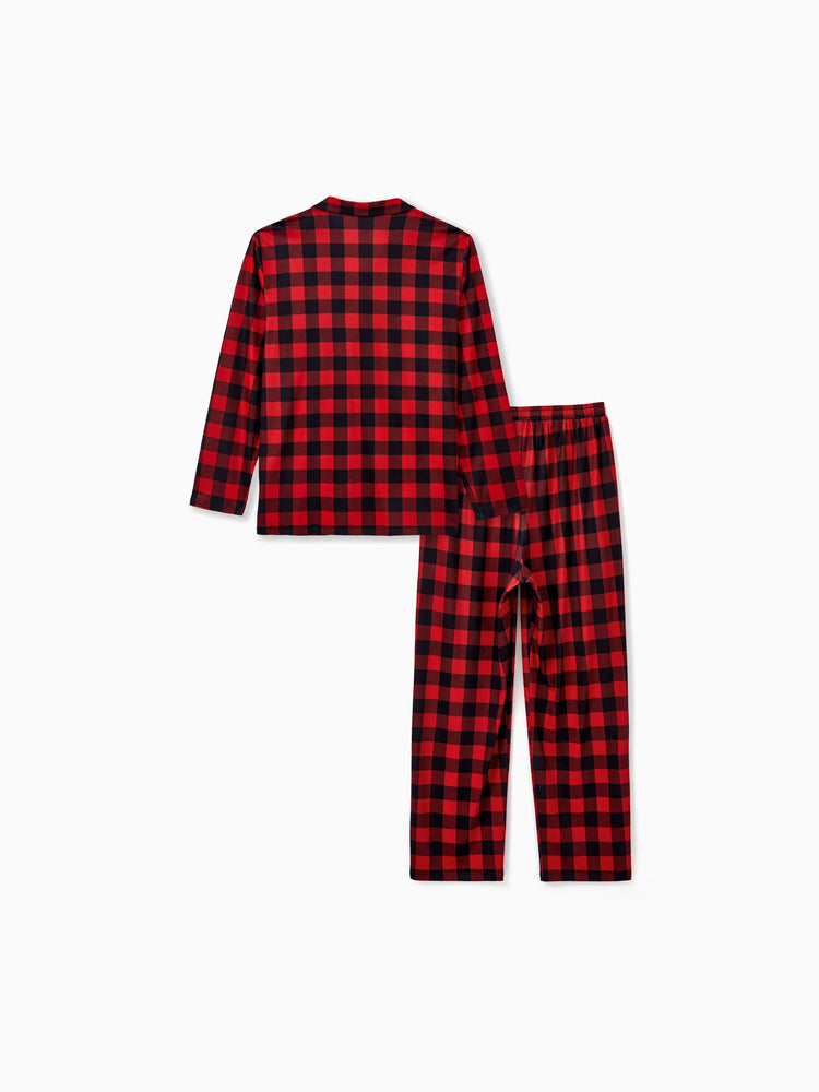 Christmas Matching Family Pajamas Set Allover Red Grid Print Long-sleeve Collared PJS with Christmas Socks Red