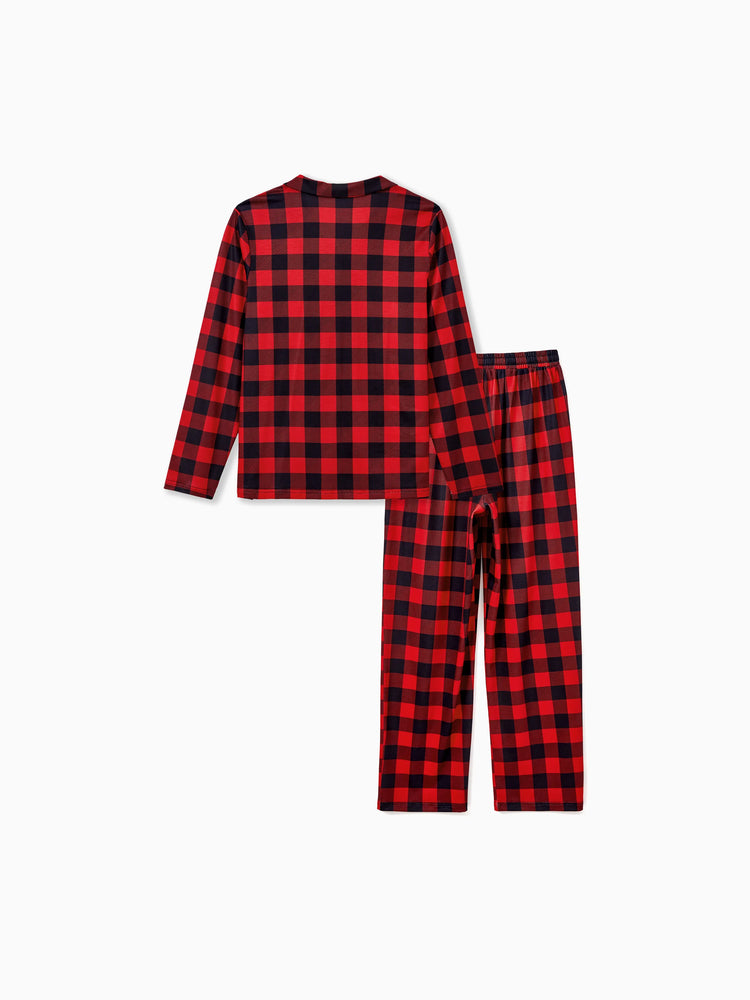 Christmas Matching Family Pajamas Set Allover Red Grid Print Long-sleeve Collared PJS with Christmas Socks Red