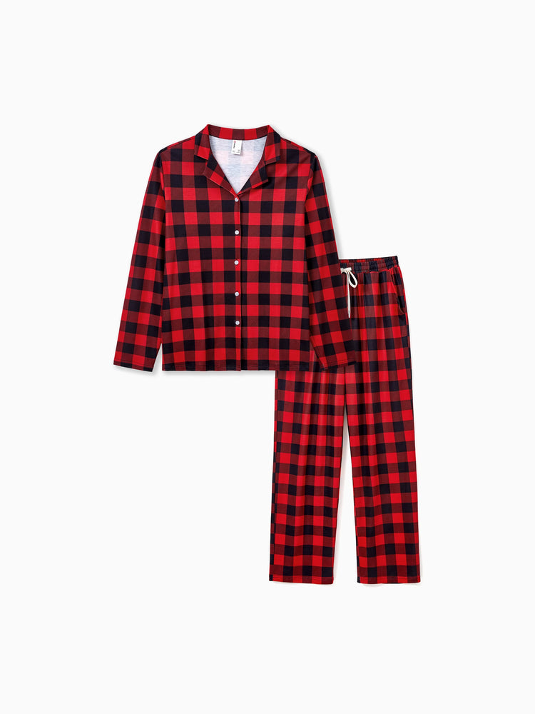 Christmas Matching Family Pajamas Set Allover Red Grid Print Long-sleeve Collared PJS with Christmas Socks Red