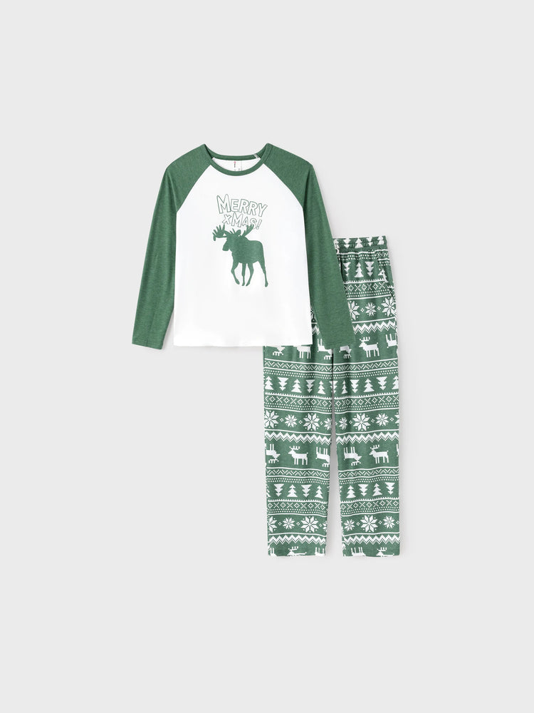 Ensemble pyjama de Noël assorti pour toute la famille, imprimé renne et flocon de neige vert, avec chaussettes de Noël vert foncé