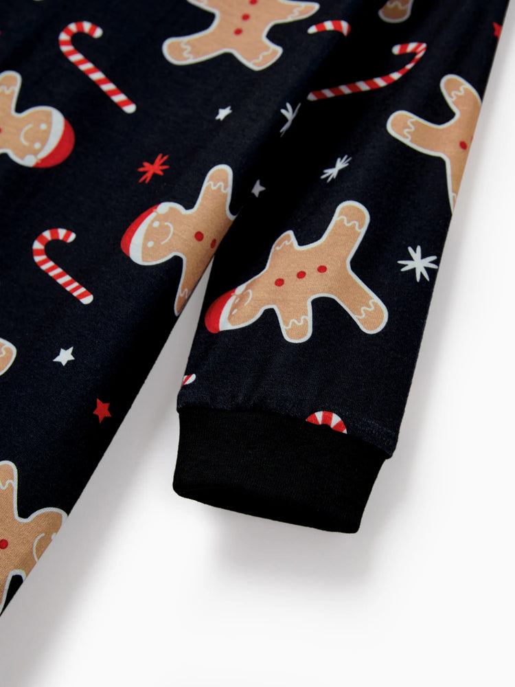 Ensemble pyjama de Noël assorti pour toute la famille, imprimé pain d'épices, noir, avec chaussettes de Noël noires