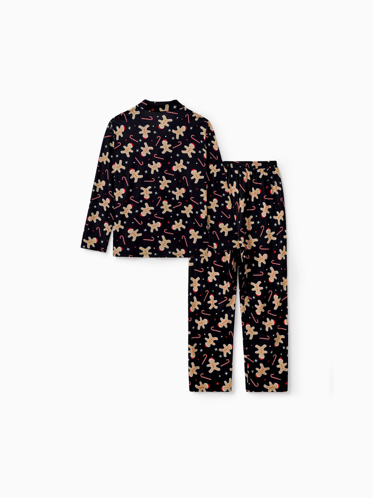 Ensemble pyjama de Noël assorti pour toute la famille, imprimé pain d'épices, noir, avec chaussettes de Noël noires