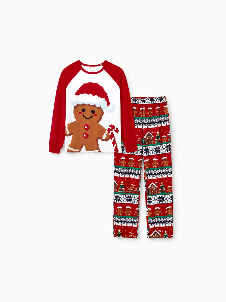 Christmas Matching Family Pajamas Set Gingerbread Print Long-sleeve PJS with Christmas Socks Red