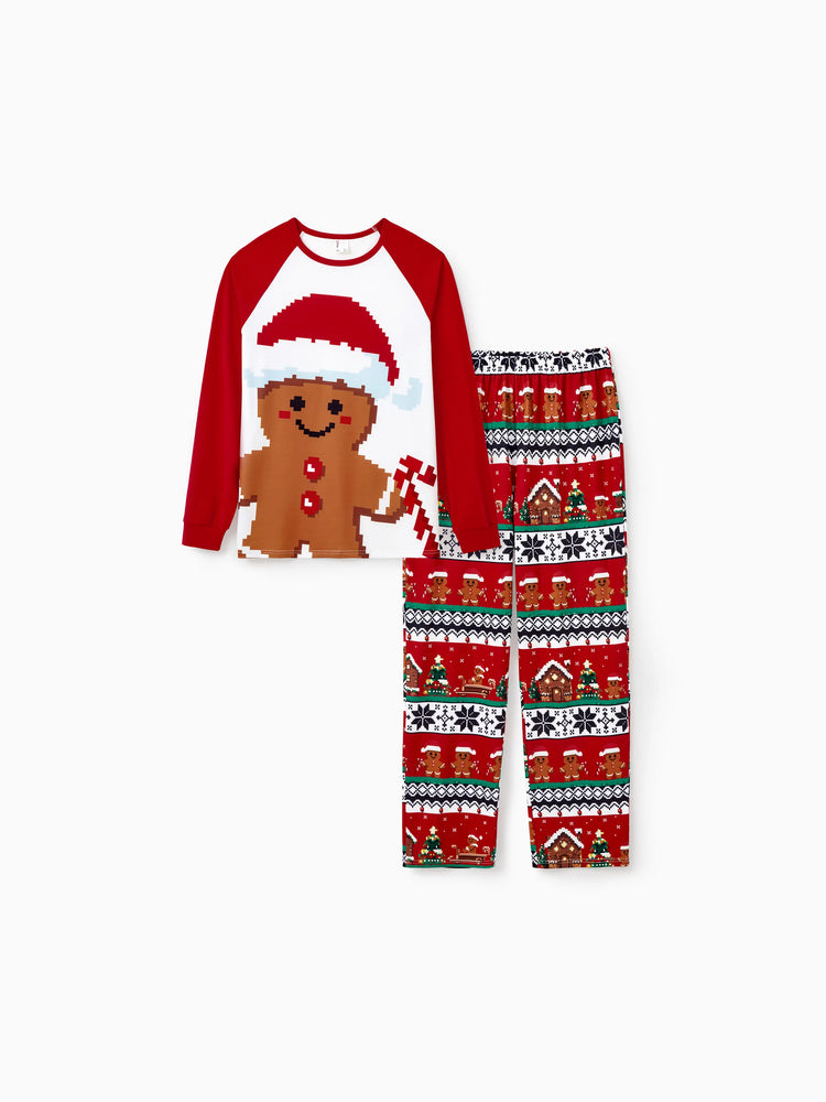 Christmas Matching Family Pajamas Set Gingerbread Print Long-sleeve PJS with Christmas Socks Red